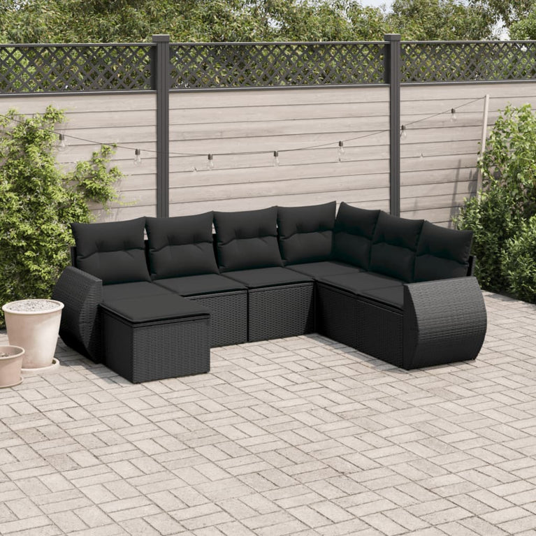7-delige Loungeset met kussens poly rattan zwart