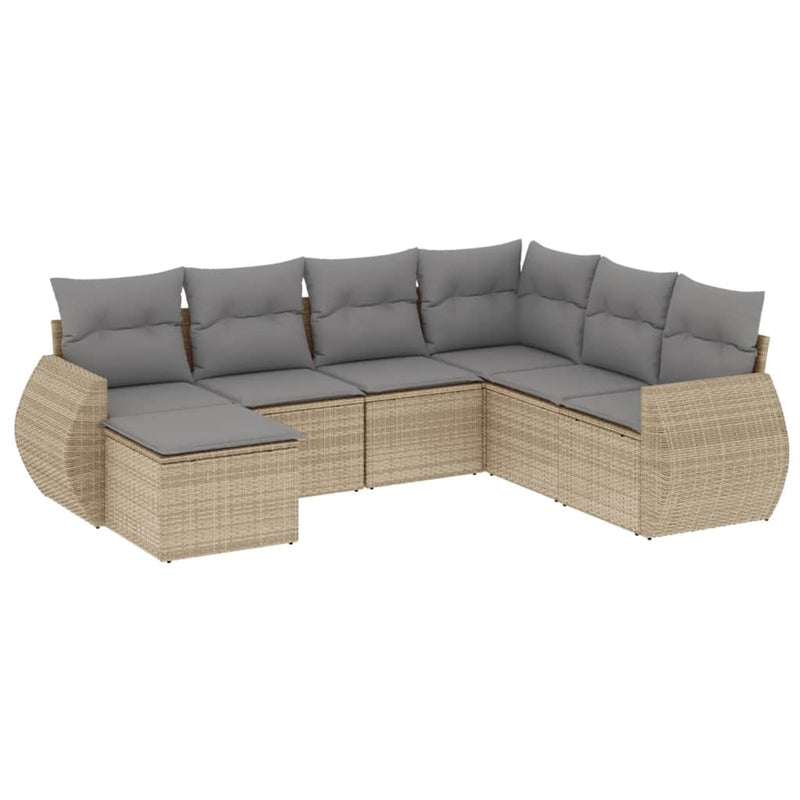 7-delige Loungeset met kussens poly rattan beige