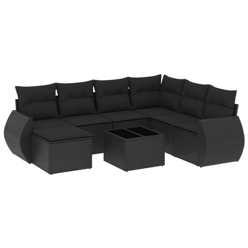 8-delige Loungeset met kussens poly rattan zwart