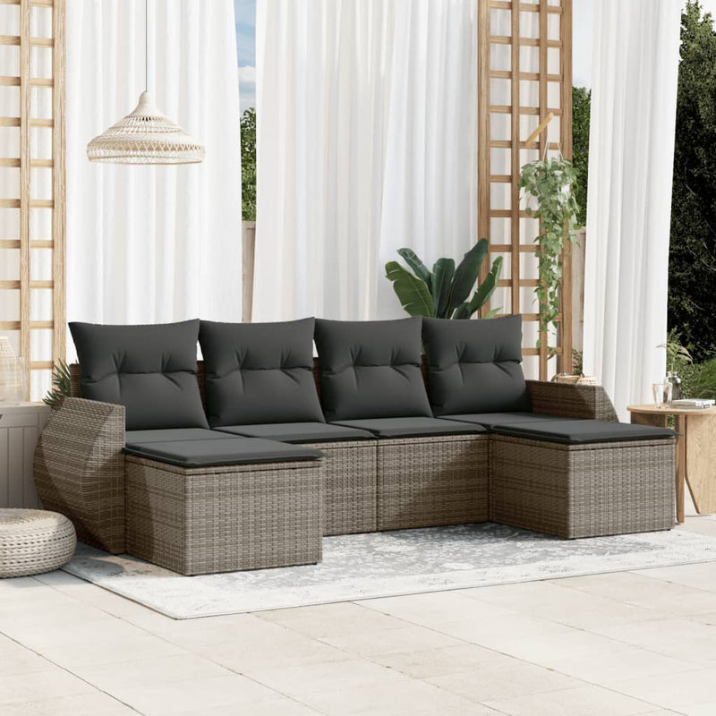 6-delige Loungeset met kussens poly rattan grijs