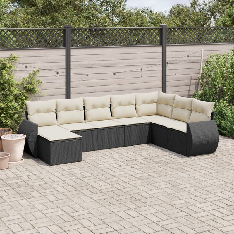 8-delige Loungeset met kussens poly rattan zwart