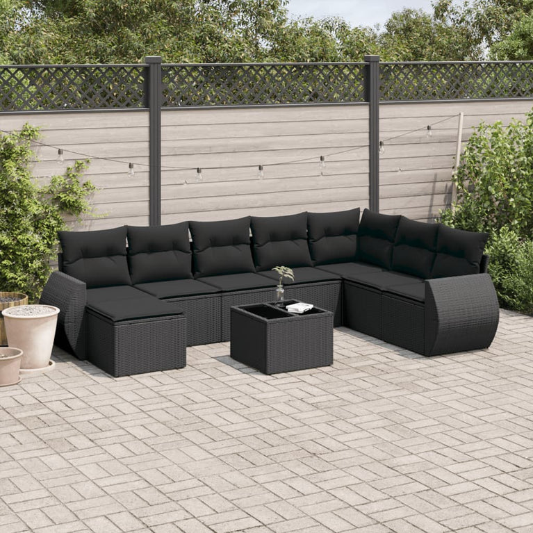 9-delige Loungeset met kussens poly rattan zwart