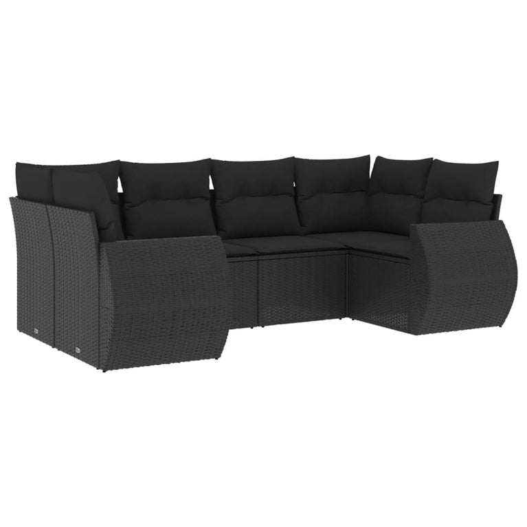 6-delige Loungeset met kussens poly rattan zwart