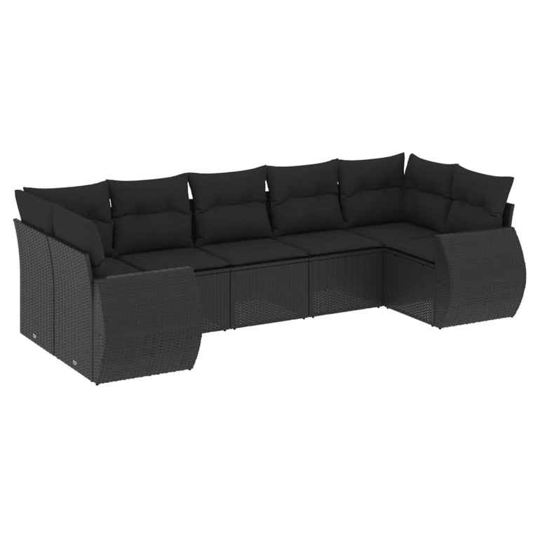 7-delige Loungeset met kussens poly rattan zwart
