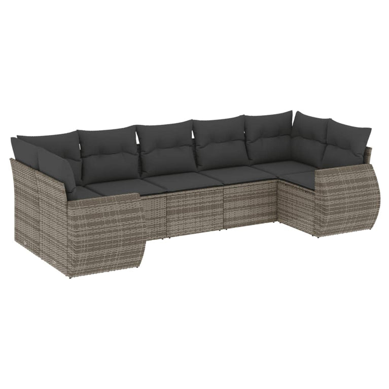 7-delige Loungeset met kussens poly rattan grijs