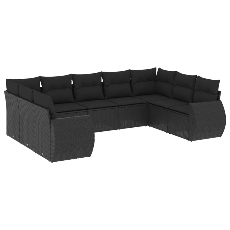 9-delige Loungeset met kussens poly rattan zwart