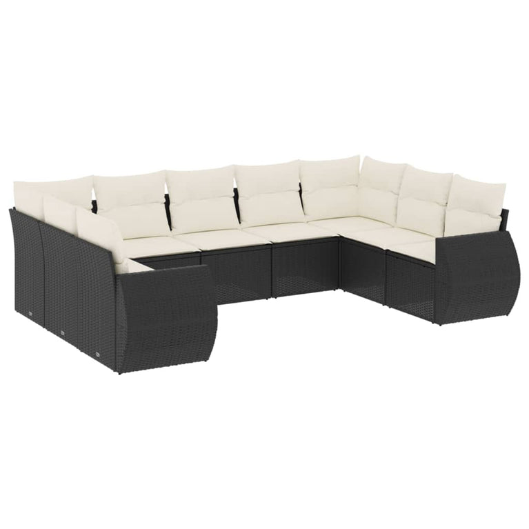 9-delige Loungeset met kussens poly rattan zwart