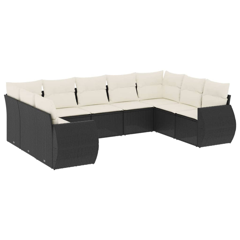 9-delige Loungeset met kussens poly rattan zwart