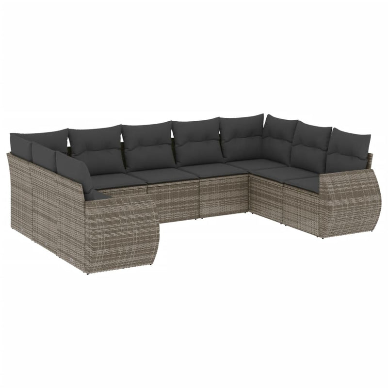 9-delige Loungeset met kussens poly rattan grijs