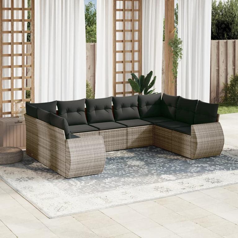 9-delige Loungeset met kussens poly rattan grijs