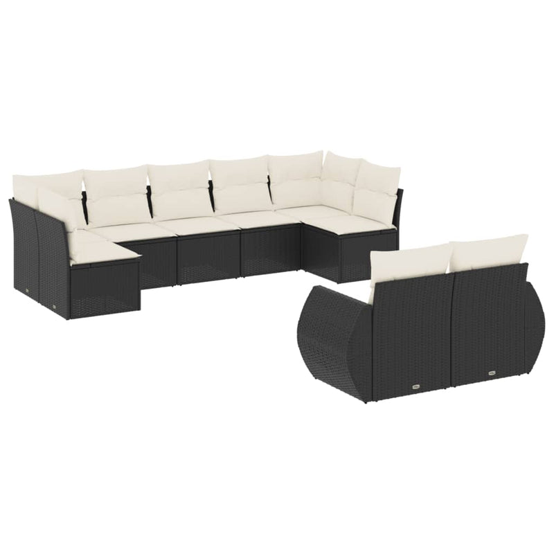 9-delige Loungeset met kussens poly rattan zwart