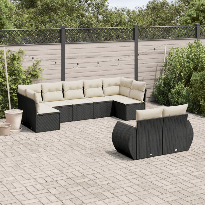9-delige Loungeset met kussens poly rattan zwart