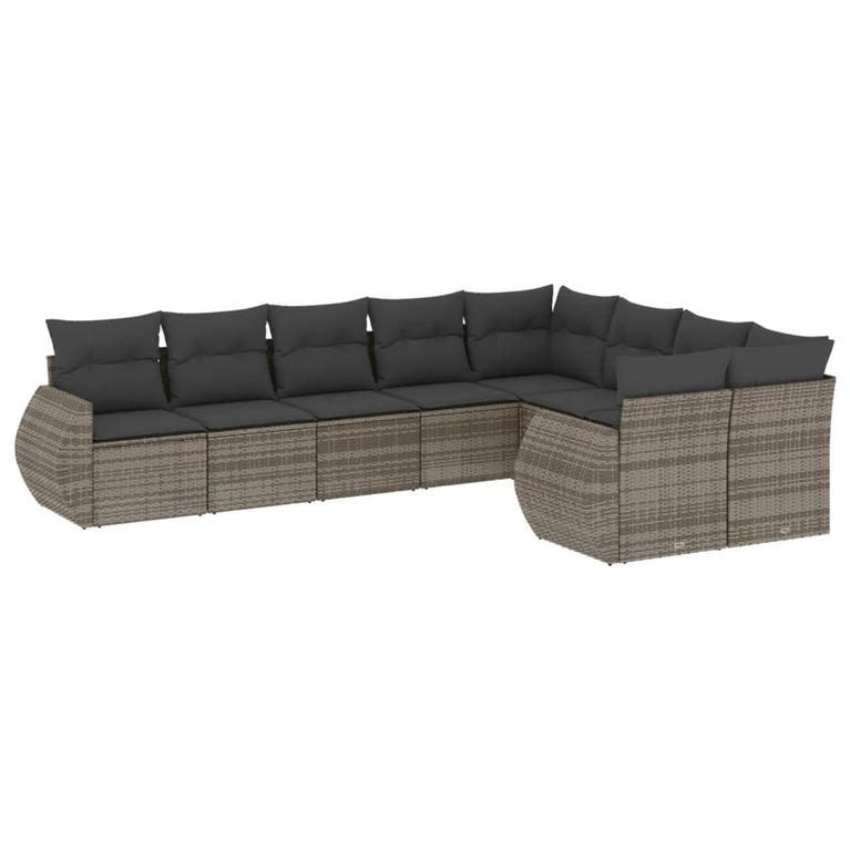 9-delige Loungeset met kussens poly rattan grijs