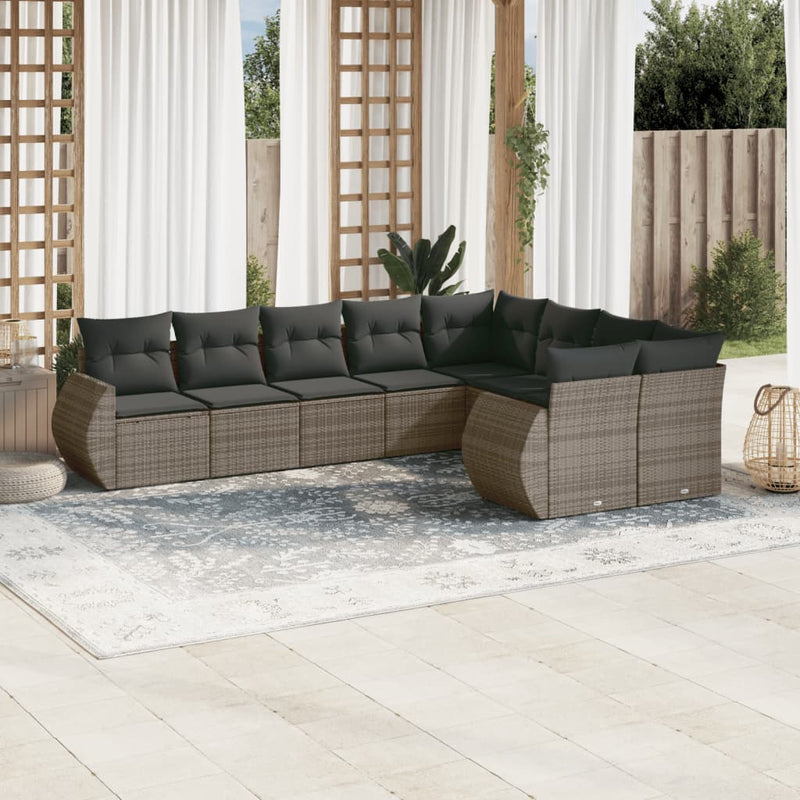 9-delige Loungeset met kussens poly rattan grijs