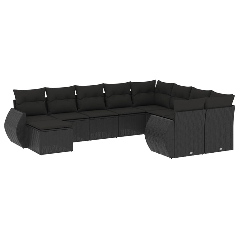 10-delige Loungeset met kussens poly rattan zwart