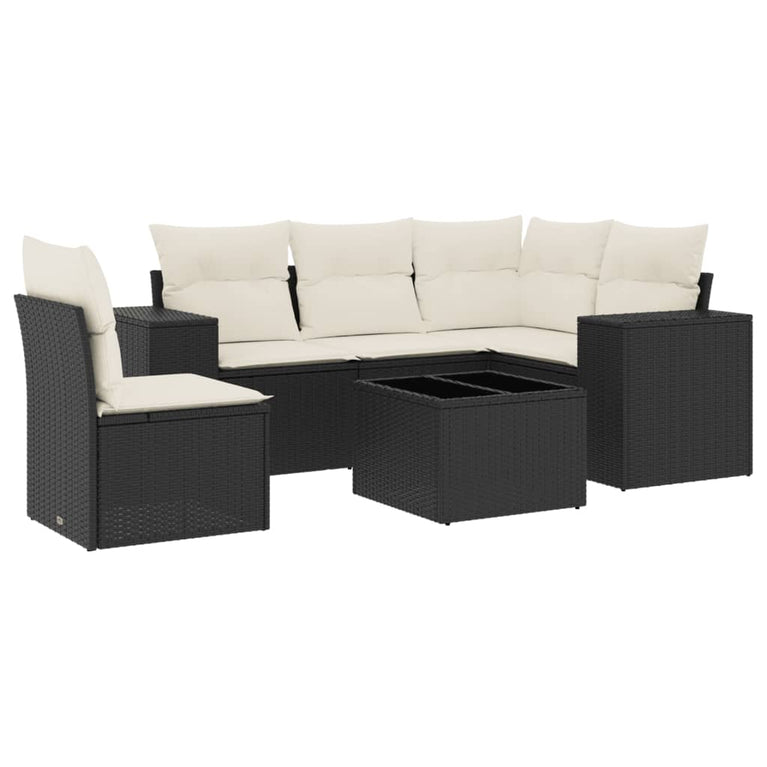 6-delige Loungeset met kussens poly rattan zwart