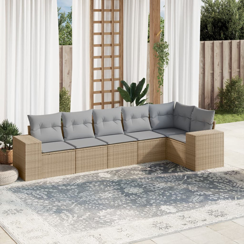 6-delige Loungeset met kussens poly rattan beige