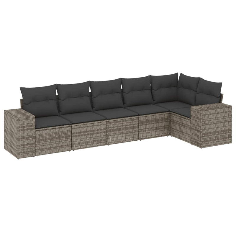 6-delige Loungeset met kussens poly rattan grijs