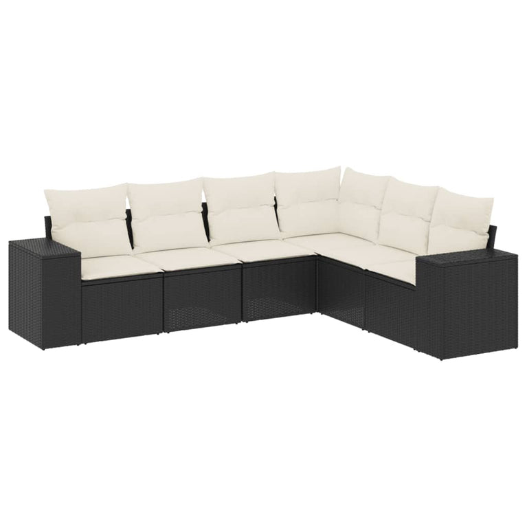6-delige Loungeset met kussens poly rattan zwart