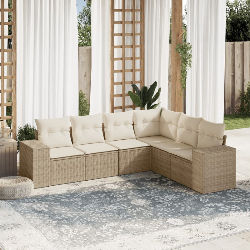 6-delige Loungeset met kussens poly rattan beige