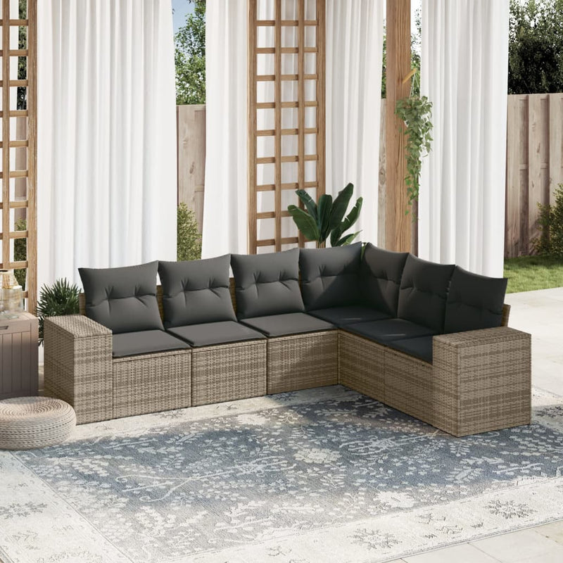 6-delige Loungeset met kussens poly rattan grijs