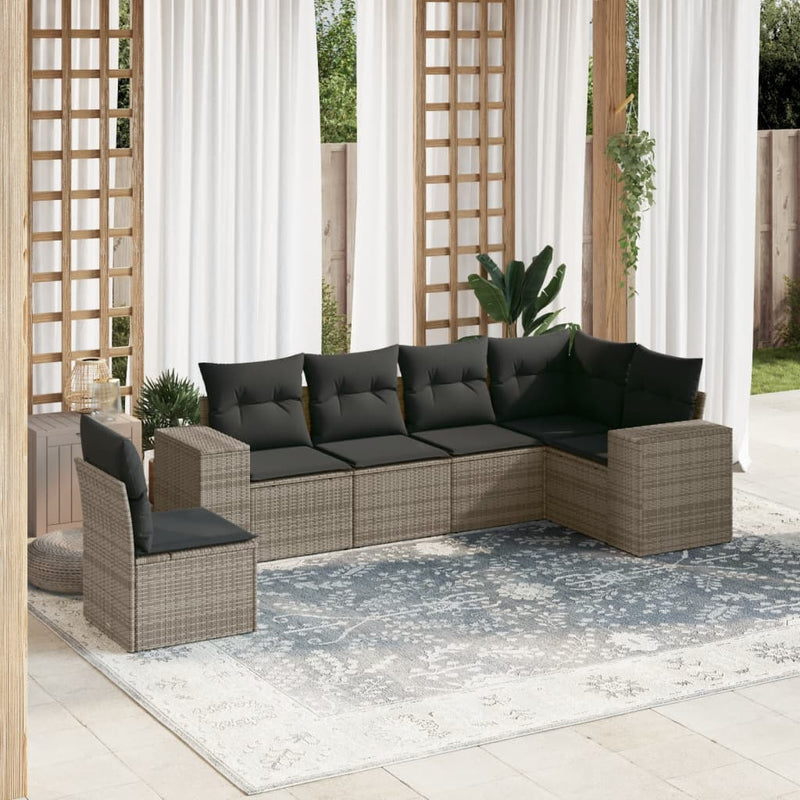 6-delige Loungeset met kussens poly rattan grijs