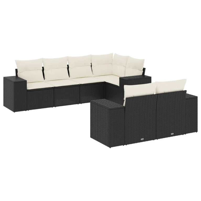 7-delige Loungeset met kussens poly rattan zwart