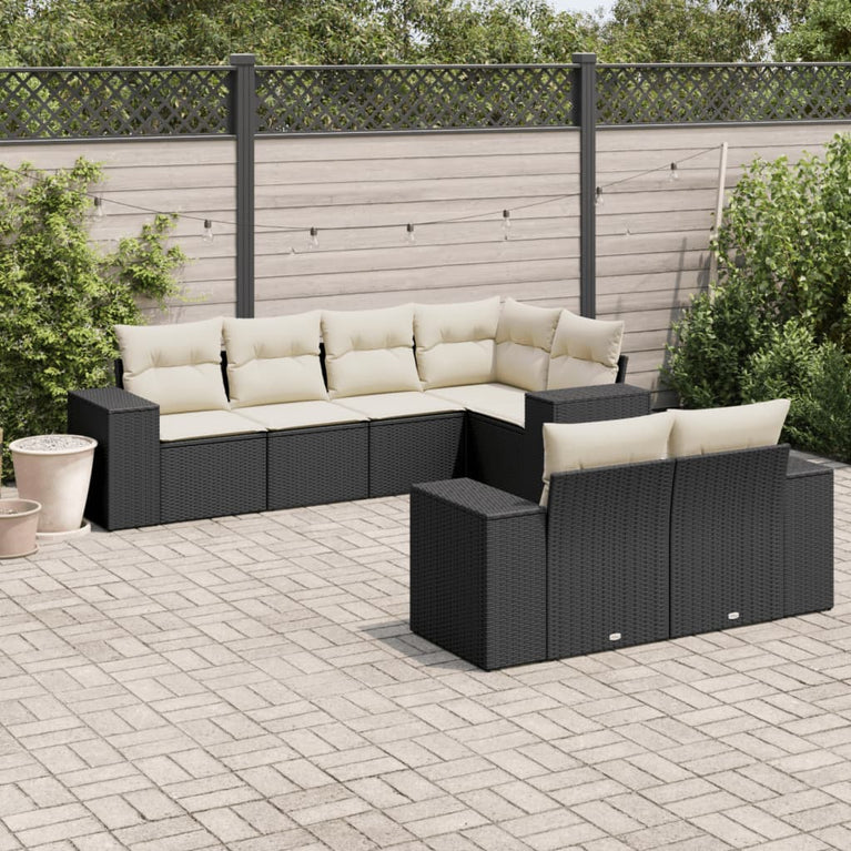 7-delige Loungeset met kussens poly rattan zwart