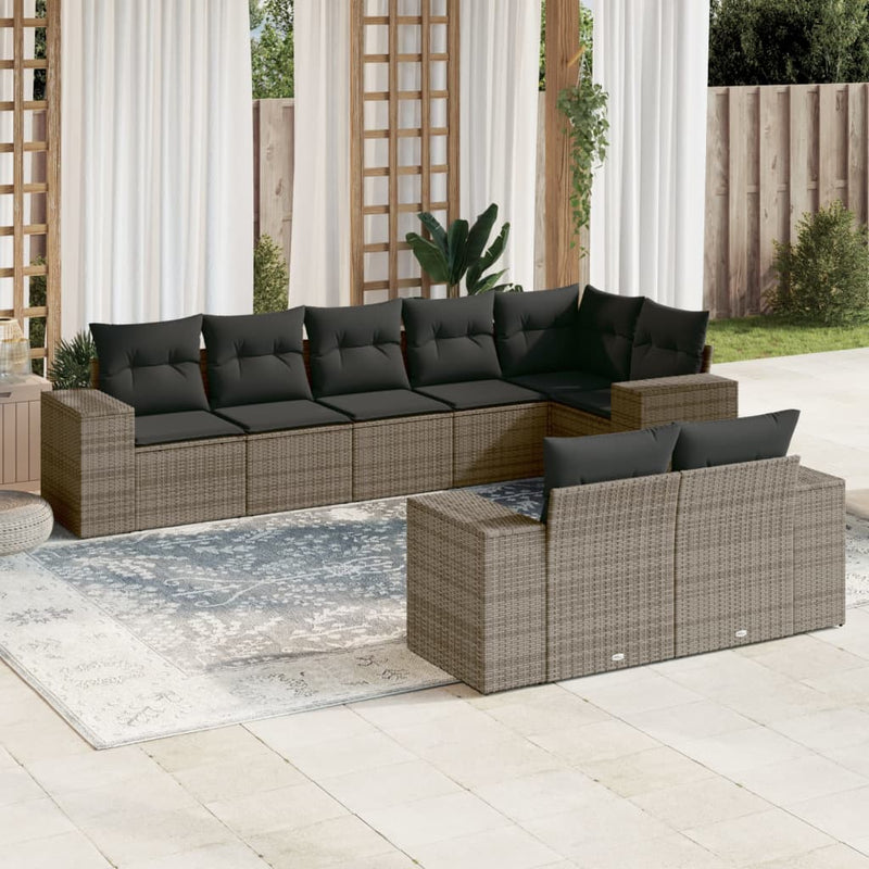 8-delige Loungeset met kussens poly rattan grijs