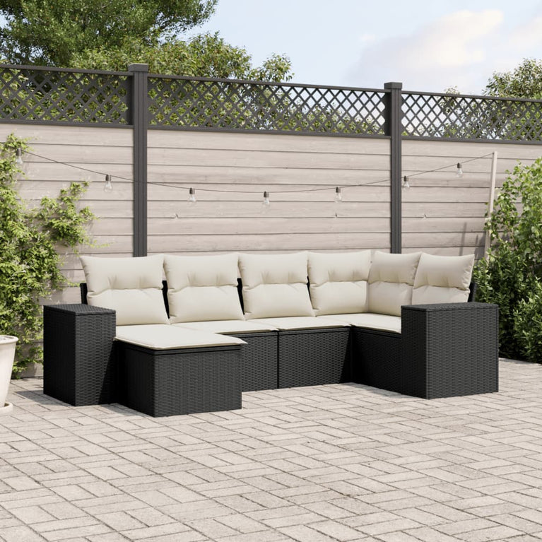 6-delige Loungeset met kussens poly rattan zwart