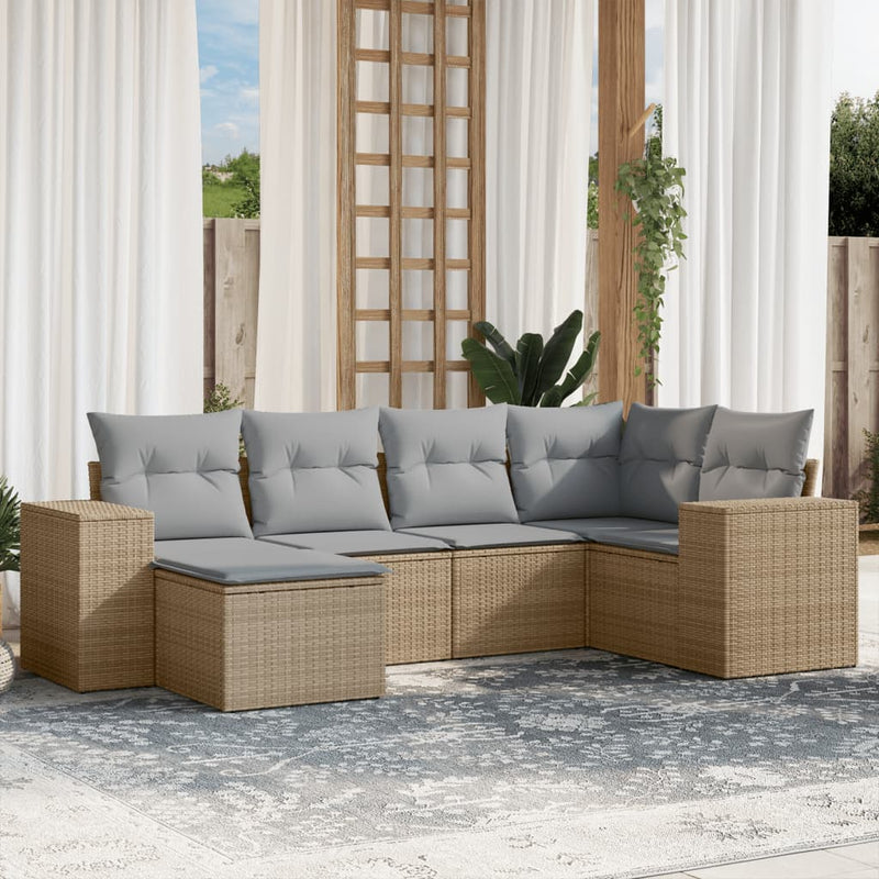 6-delige Loungeset met kussens poly rattan beige