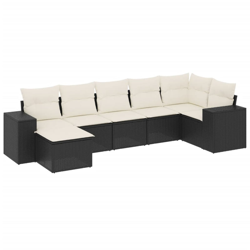 7-delige Loungeset met kussens poly rattan zwart