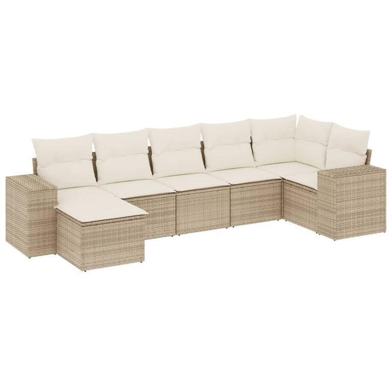 7-delige Loungeset met kussens poly rattan beige