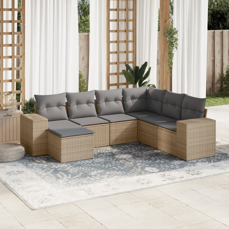 7-delige Loungeset met kussens poly rattan beige