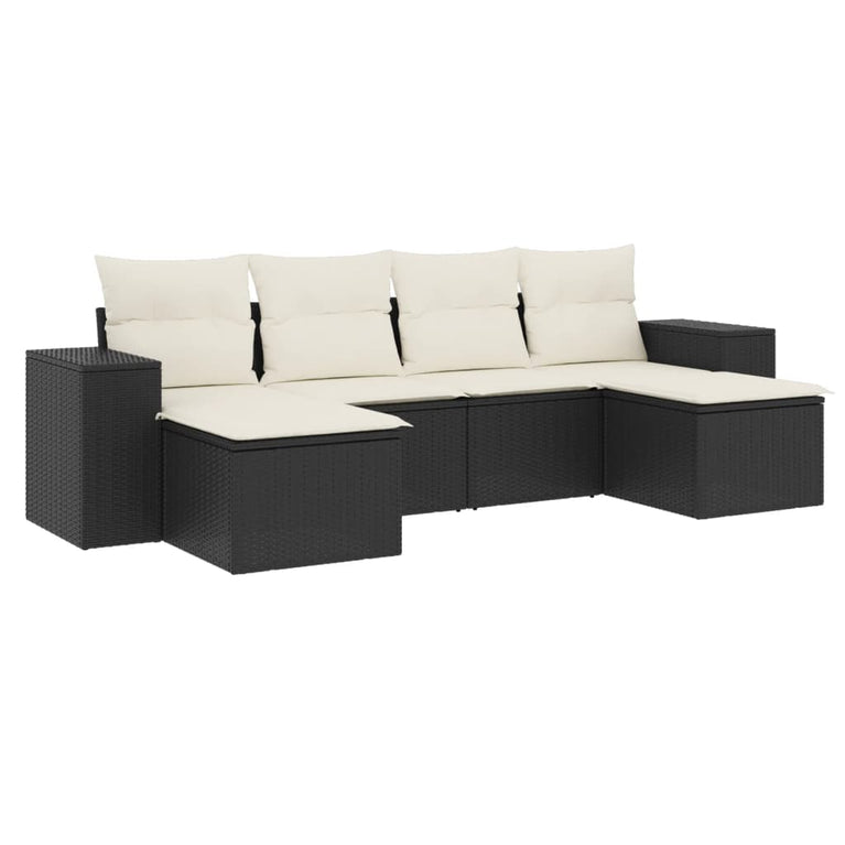 6-delige Loungeset met kussens poly rattan zwart