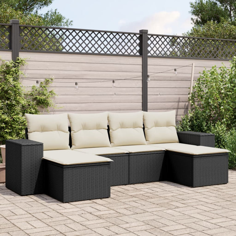 6-delige Loungeset met kussens poly rattan zwart