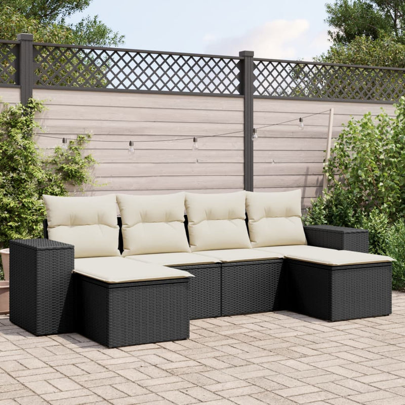 6-delige Loungeset met kussens poly rattan zwart