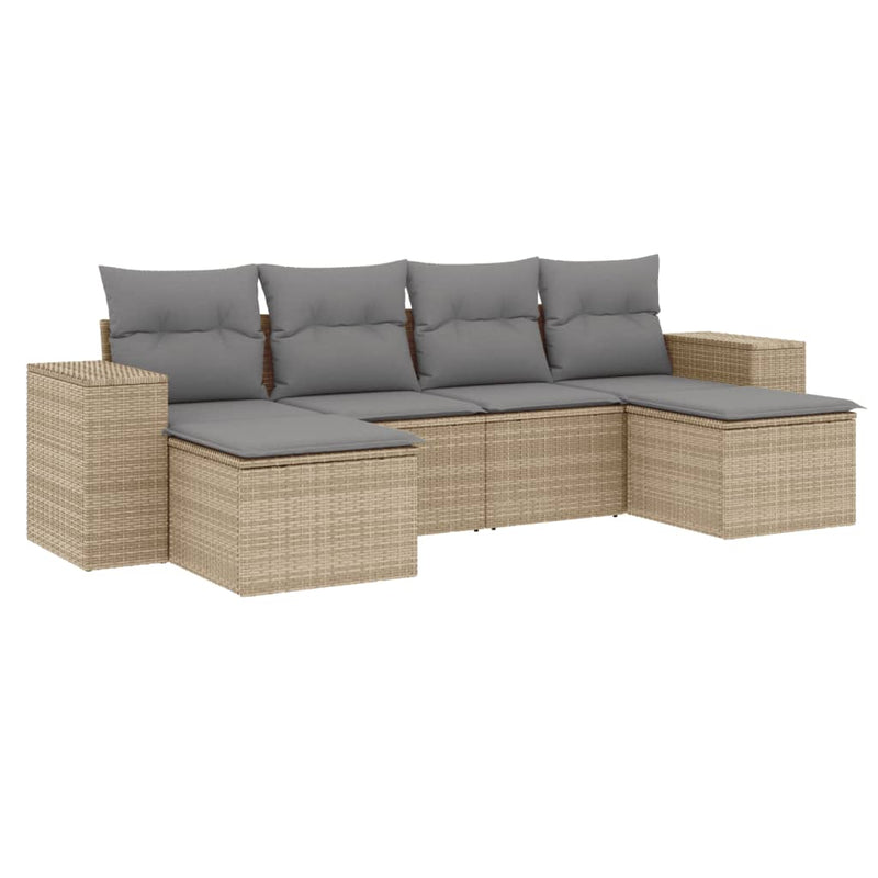 6-delige Loungeset met kussens poly rattan beige