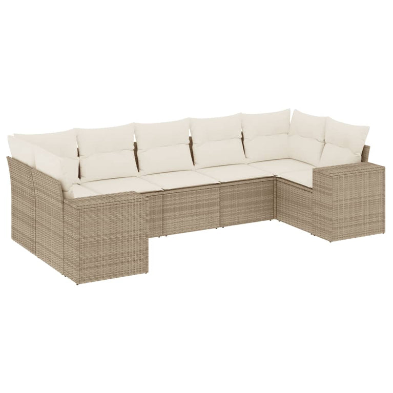 7-delige Loungeset met kussens poly rattan beige