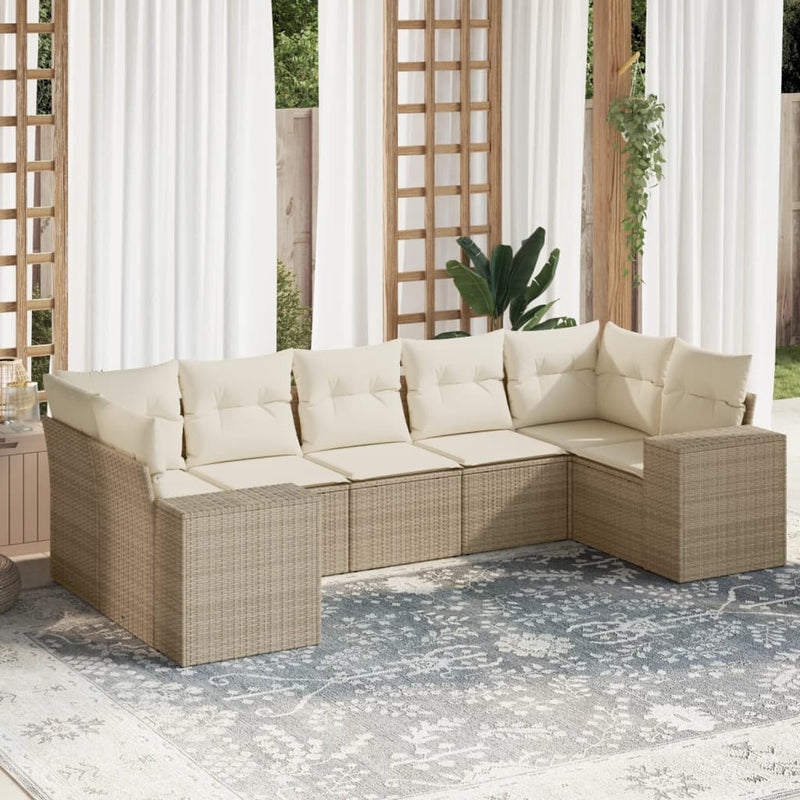 7-delige Loungeset met kussens poly rattan beige