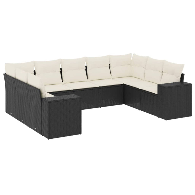 9-delige Loungeset met kussens poly rattan zwart