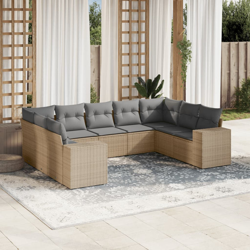 9-delige Loungeset met kussens poly rattan beige