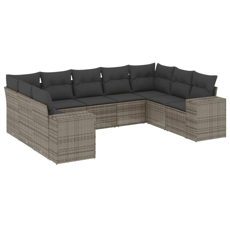 9-delige Loungeset met kussens poly rattan grijs
