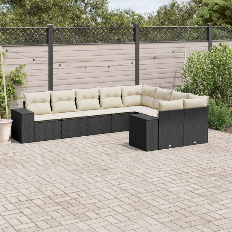 9-delige Loungeset met kussens poly rattan zwart