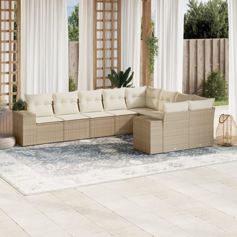 9-delige Loungeset met kussens poly rattan beige