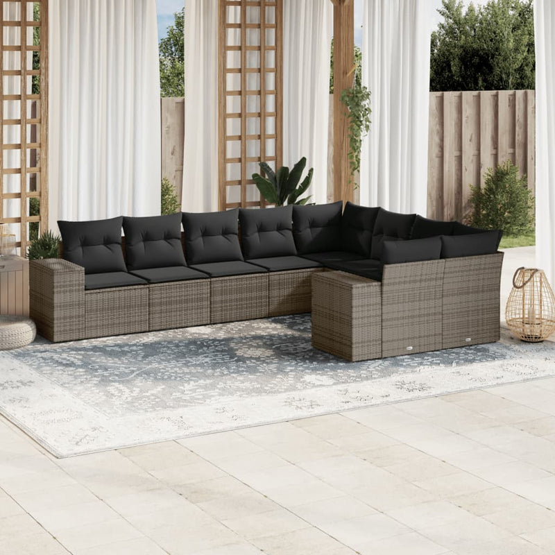 9-delige Loungeset met kussens poly rattan grijs