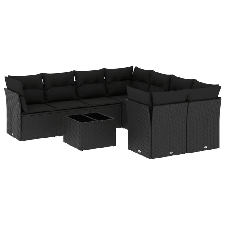 9-delige Loungeset met kussens poly rattan zwart