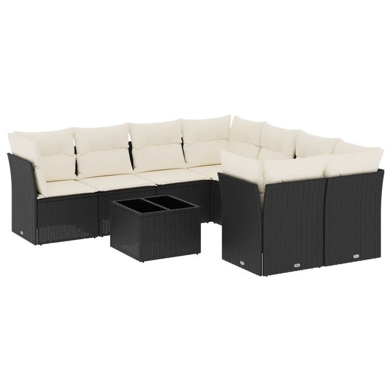9-delige Loungeset met kussens poly rattan zwart