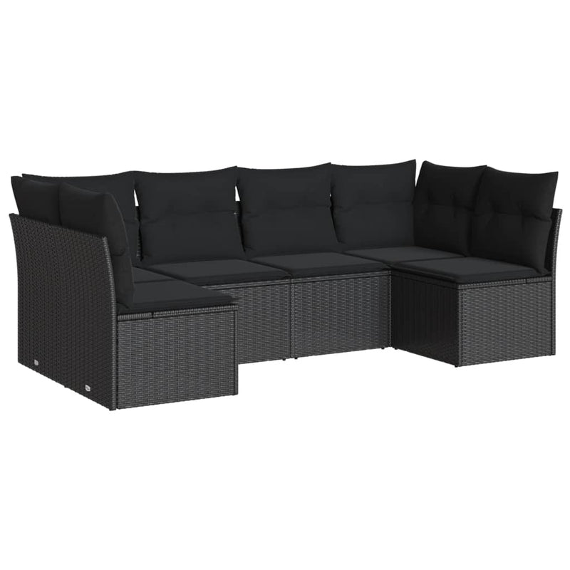 6-delige Loungeset met kussens poly rattan zwart