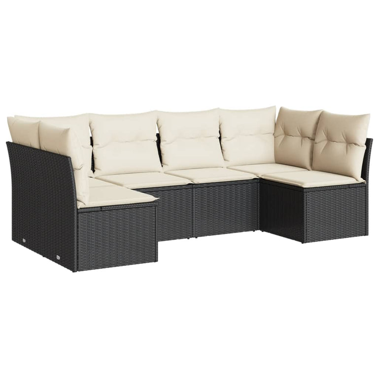 6-delige Loungeset met kussens poly rattan zwart